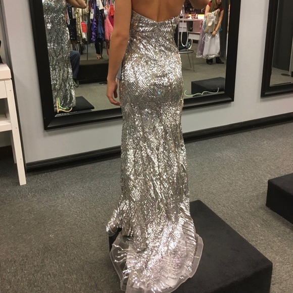 Mon Cheri Silver Sequined Prom Dress - Picture 2 of 10
